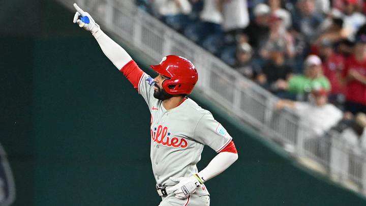 Jun 25, 2026; Washington, District of Columbia, USA; Philadelphia Phillies right fielder Derek Hill (49) rounds the bases after hitting a two run home run against the Washington Nationals during the ninth inning at Nationals Park.