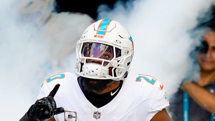 Nov 9, 2025; Miami Gardens, Florida, USA; Miami Dolphins linebacker Jordyn Brooks (20) runs on the field before a game against the Buffalo Bills at Hard Rock Stadium. Mandatory Credit: Jeff Romance-Imagn Images