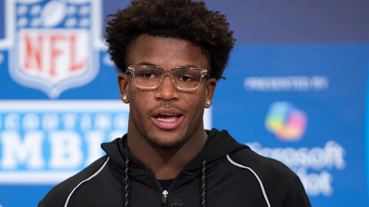 Feb 26, 2026; Indianapolis, IN, USA; Ohio State defensive back Caleb Downs (DB34) speaks to members of the media during the NFL Combine at the Indiana Convention Center. Mandatory Credit: Jacob Musselman-Imagn Images