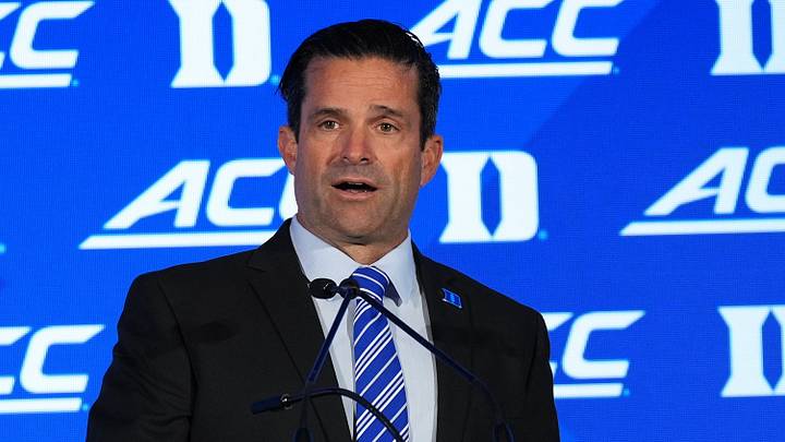 Jul 17, 2026; Charlotte, NC, USA; Duke head coach Manny Diaz talks with the media during interviews at Hilton Charlotte Uptown. Mandatory Credit: Jim Dedmon-Imagn Images