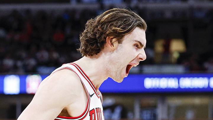 Mar 23, 2026; Chicago, Illinois, USA; Chicago Bulls guard Josh Giddey (3) reacts after scoring against the Houston Rockets during the second half at United Center. Mandatory Credit: Kamil Krzaczynski-Imagn Images