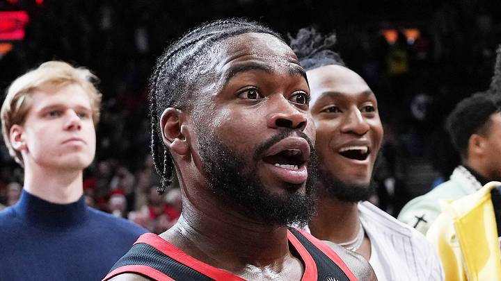 Mar 8, 2025; Toronto, Ontario, CAN; Toronto Raptors guard Jamal Shead (23) reacts after finding out a basket did not count against the Washington Wizards at the end of the fourth quarter at Scotiabank Arena. Mandatory Credit: Nick Turchiaro-Imagn Images