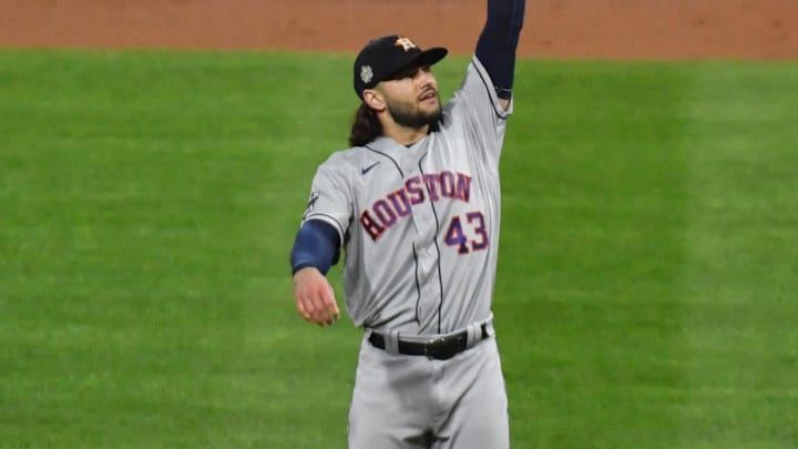 Nov 1, 2022; Philadelphia, PA, USA; Houston Astros starting pitcher Lance McCullers Jr. (43) receives a new ball after conceding a home run to Philadelphia Phillies left fielder Kyle Schwarber (12) during the fifth inning in game three of the 2022 World Series at Citizens Bank Park. Mandatory Credit: Eric Hartline-Imagn Images
