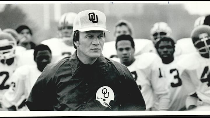 OU football head coach Barry Switzer talks to his team on the first day of spring practice on April 3, 1979, at Owen Field in Norman.