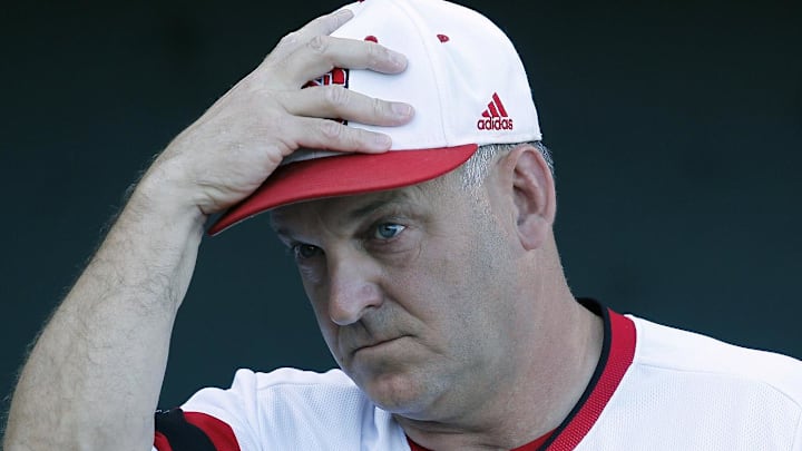 Jun 18, 2013; Omaha, NE, USA; North Carolina State Wolfpack head coach Elliott Avent (9) against the UCLA Bruins during the College World Series at TD Ameritrade Park. Mandatory Credit: Bruce Thorson-Imagn Images