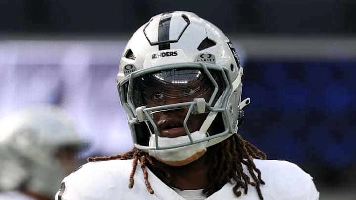 Nov 30, 2025; Inglewood, California, USA; Las Vegas Raiders running back Ashton Jeanty (2) practices before the game at SoFi Stadium. Mandatory Credit: Kiyoshi Mio-Imagn Images