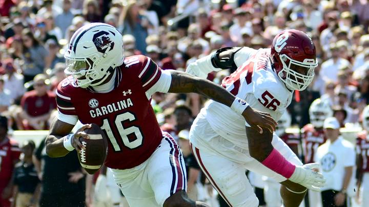South Carolina quarterback LaNorris Sellers scrambles against Oklahoma. South Carolina quarterback LaNorris Sellers scrambles against Oklahoma.