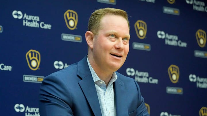 Senior Vice President and General Manager Matt Arnold speaks during an an end of season press conference at American Family Field in Milwaukee on Tuesday, Oct. 10, 2023.