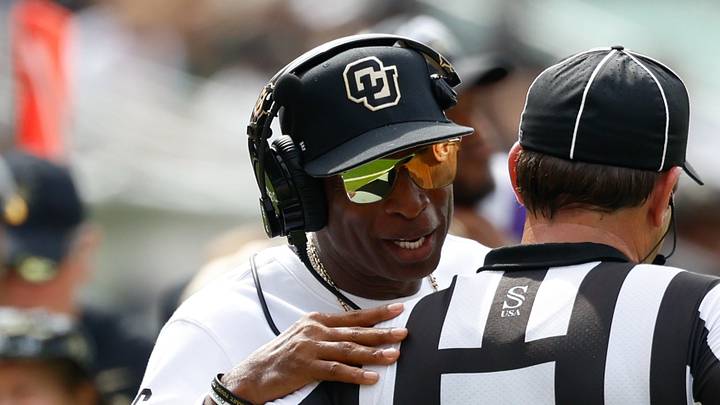 Sep 26, 2026; Waco, Texas, USA; Colorado Buffaloes head coach Deion Sanders speaks with an official during the first half against the Baylor Bears at McLane Stadium. Sep 26, 2026; Waco, Texas, USA; Colorado Buffaloes head coach Deion Sanders speaks with an official during the first half against the Baylor Bears at McLane Stadium.
