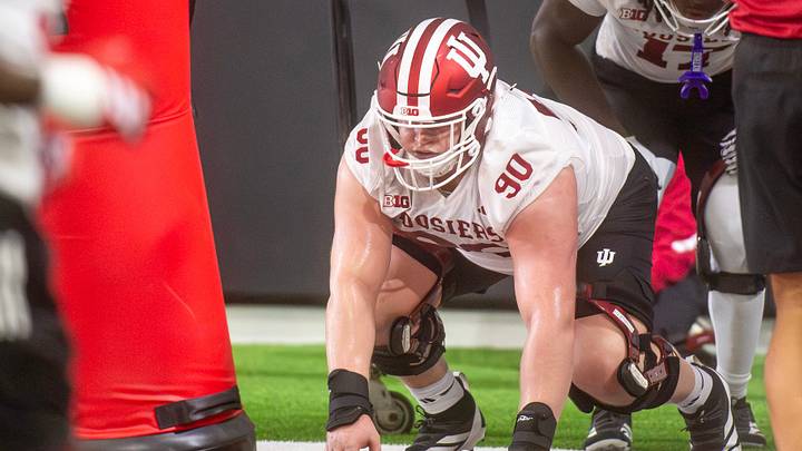 Indiana's Joe Hjelle (90) during Indiana University spring football practice on Thursday, March 26, 2026.