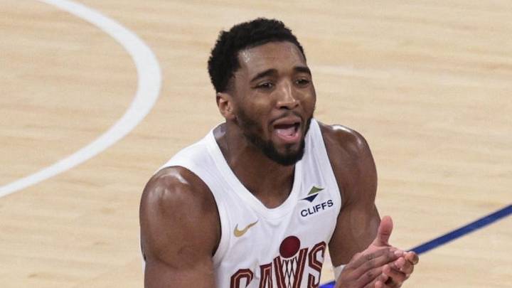 May 21, 2026; New York, New York, USA; Cleveland Cavaliers guard Donovan Mitchell (45) reacts after being called for a foul as New York Knicks forward Og Anunoby (8) looks on during the fourth quarter of game two of the eastern conference finals of the 2026 NBA playoffs at Madison Square Garden. Mandatory Credit: Vincent Carchietta-Imagn Images