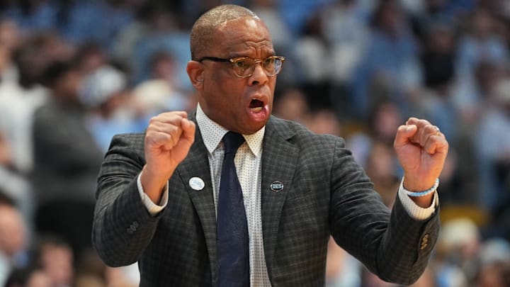 Feb 14, 2026; Chapel Hill, North Carolina, USA; North Carolina Tar Heels head coach Hubert Davis reacts in the first half at Dean E. Smith Center. Mandatory Credit: Bob Donnan-Imagn Images