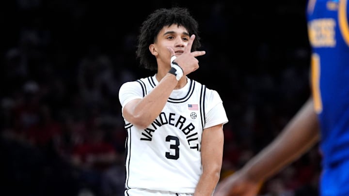 Vanderbilt Commodores guard Tyler Tanner (3) celebrates after making a basket during a first-round game in the NCAA men's basketball tournament between McNeese and Vanderbilt at Paycom Center in Oklahoma City, Thursday, March 19, 2026. Vanderbilt Commodores guard Tyler Tanner (3) celebrates after making a basket during a first-round game in the NCAA men's basketball tournament between McNeese and Vanderbilt at Paycom Center in Oklahoma City, Thursday, March 19, 2026.