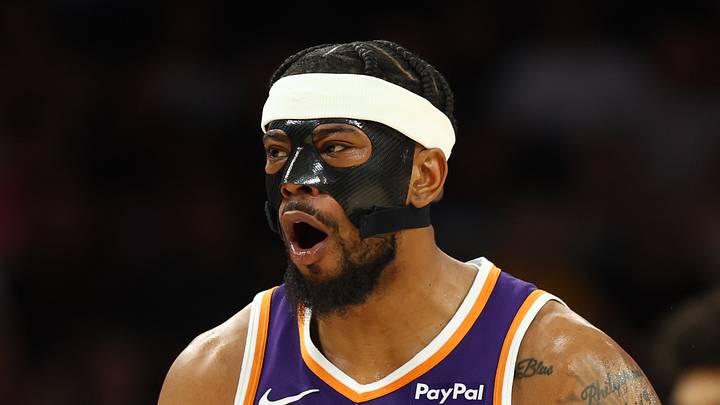 Phoenix, Arizona, USA; Phoenix Suns guard Jordan Goodwin (23) against the Denver Nuggets in the second half at Mortgage Matchup Center on Mar 24, 2026.