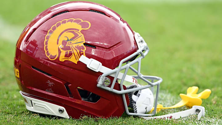 Sep 13, 2025; West Lafayette, Indiana, USA; A Southern California Trojans helmet sits on the field before the game against the Purdue Boilermakers at Ross-Ade Stadium. 