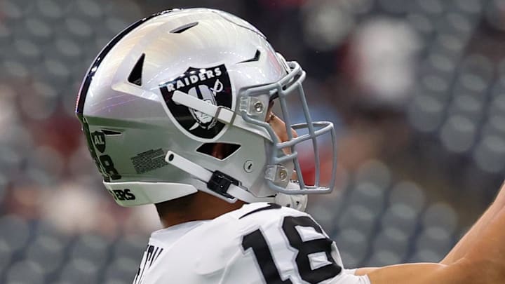 Dec 21, 2025; Houston, Texas, USA; Las Vegas Raiders wide receiver Jack Bech (18) before playing against the Houston Texans at NRG Stadium. Mandatory Credit: Thomas Shea-Imagn Images
