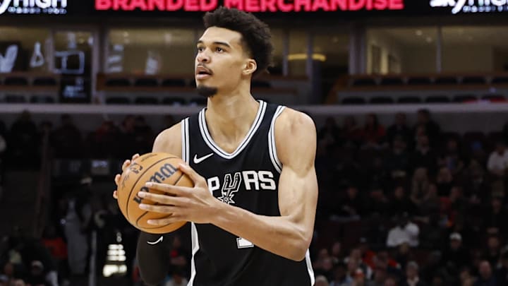 Jan 6, 2025; Chicago, Illinois, USA; San Antonio Spurs center Victor Wembanyama (1) shoots against the Chicago Bulls during the first half at United Center.