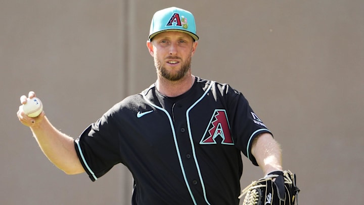 Arizona Diamondbacks pitcher Merrill Kelly (29) during spring training workouts on Feb. 10, 2026, at Salt River Fields in Scottsdale.