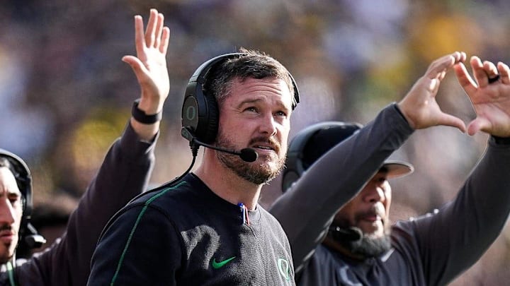 Oregon head coach Dan Lanning watches a play against Michigan during the first half at Michigan Stadium in Ann Arbor. Oregon head coach Dan Lanning watches a play against Michigan during the first half at Michigan Stadium in Ann Arbor.