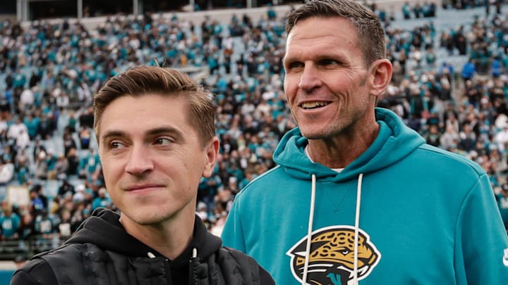 Jan 4, 2026; Jacksonville, Florida, USA; Jacksonville Jaguars executive vice president of football operations Tony Boselli and general manager James Gladstone look on after the game against the Tennessee Titans at EverBank Stadium. 