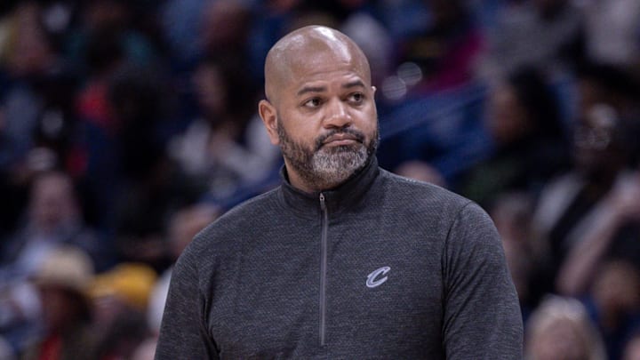 Mar 13, 2024; New Orleans, Louisiana, USA; Cleveland Cavaliers head coach JB Bickerstaff looks on against the New Orleans Pelicans during the second half at Smoothie King Center. Mandatory Credit: Stephen Lew-Imagn Images