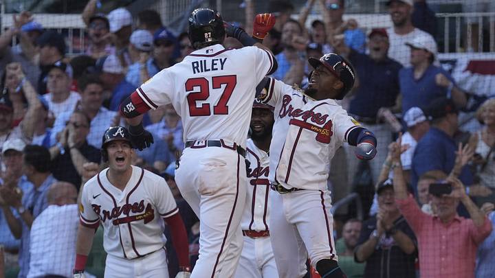Sep 29, 2026; Cumberland, Georgia, USA; Atlanta Braves third baseman Austin Riley (27) reacts after hitting a three run home run against the Philadelphia Phillies in the eighth inning during game one of the Wildcard round for the 2026 MLB Playoffs at Truist Park. Mandatory Credit: Dale Zanine-Imagn Images Sep 29, 2026; Cumberland, Georgia, USA; Atlanta Braves third baseman Austin Riley (27) reacts after hitting a three run home run against the Philadelphia Phillies in the eighth inning during game one of the Wildcard round for the 2026 MLB Playoffs at Truist Park. Mandatory Credit: Dale Zanine-Imagn Images