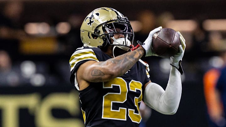 Oct 17, 2024; New Orleans, Louisiana, USA;  New Orleans Saints cornerback Marshon Lattimore (23) during the warmups before the game against the Denver Broncos at Caesars Superdome. Mandatory Credit: Stephen Lew-Imagn Images