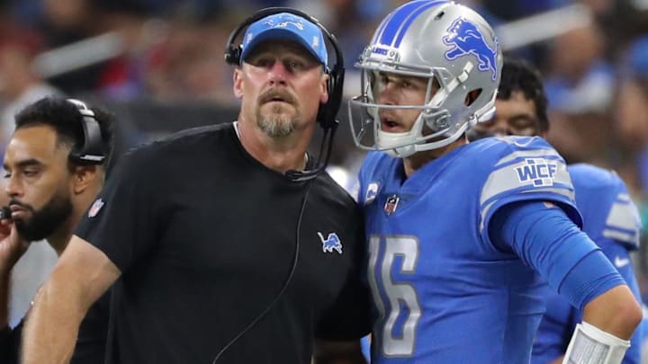 Detroit Lions head coach Dan Campbell and quarterback Jared Goff during a 2021 game.