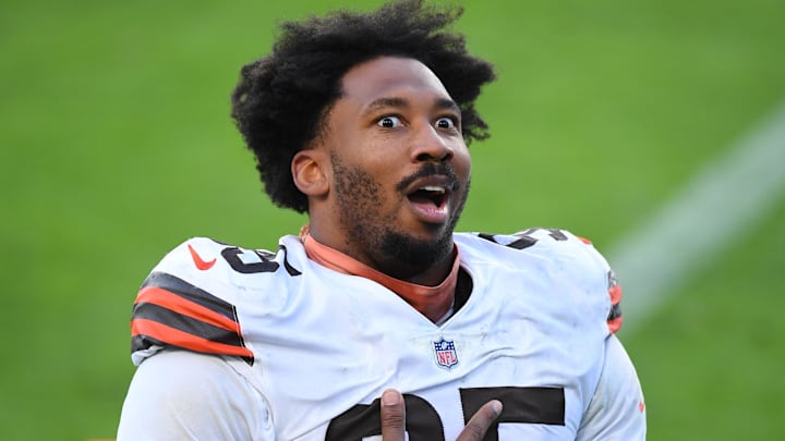 Dec 6, 2020; Nashville, Tennessee, USA;  Cleveland Browns defensive end Myles Garrett (95) takes a deep breath as he leaves the field after a win against the Tennessee Titans at Nissan Stadium. Mandatory Credit: Christopher Hanewinckel-Imagn Images
