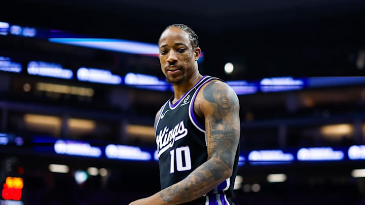 Jan 20, 2026; Sacramento, California, USA; Sacramento Kings guard DeMar DeRozan (10) looks at Miami Heat guard Pelle Larsson (9) after a play during the second quarter at Golden 1 Center. Mandatory Credit: Sergio Estrada-Imagn Images