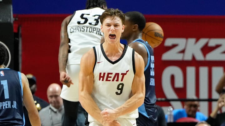 Jul 22, 2024; Las Vegas, NV, USA; Miami Heat guard Pelle Larsson (9) reacts with center Kel’el Ware (7) after scoring against the Memphis Grizzlies during the overtime at Thomas & Mack Center. Mandatory Credit: Lucas Peltier-Imagn Images
