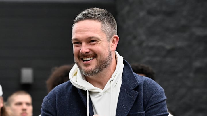 Oct 11, 2025; Eugene, Oregon, USA; Oregon Ducks head coach Dan Lanning arrives with players before the game between the Indiana Hoosiers and the Oregon Ducks at Autzen Stadium. Mandatory Credit: Troy Wayrynen-Imagn Images
