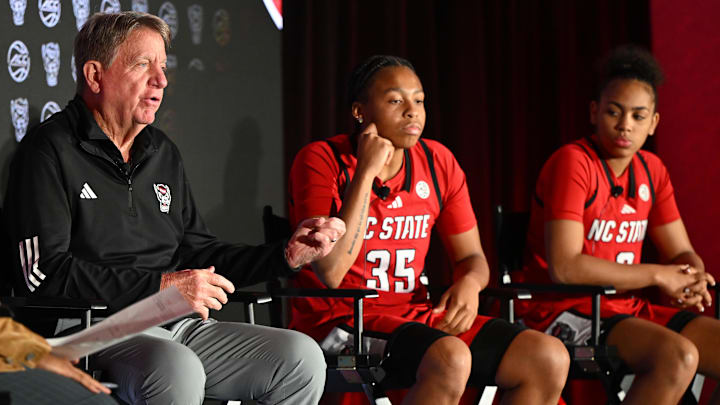 Oct 6, 2025; Charlotte, NC, USA; North Carolina State head coach Wes Moore answers questions from the media at The Hilton Charlotte Uptown. Mandatory Credit: William Howard-Imagn Images