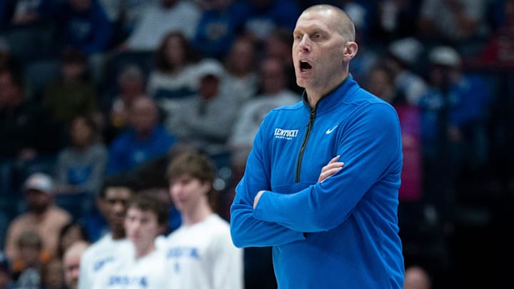 Kentucky coach Mark Pope works the sideline against Missouri during their Day 2 2026 SEC Men’s Basketball Tournament game at Bridgestone Arena in Nashville, Tenn., Thursday, March 12, 2026.