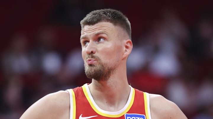 Kristaps Porzingis (8) reacts during the second quarter against the Houston Rockets at Toyota Center Kristaps Porzingis (8) reacts during the second quarter against the Houston Rockets at Toyota Center