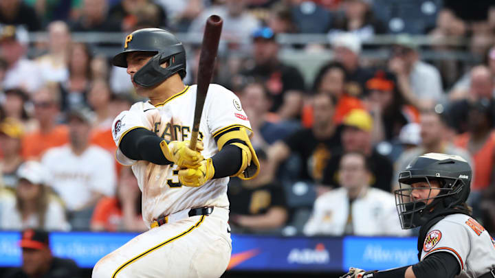 Apr 4, 2026; Pittsburgh, Pennsylvania, USA; Pittsburgh Pirates designated hitter Nick Yorke (38) hits a game winning walk-off single to defeat the Baltimore Orioles in the ninth inning at PNC Park. Mandatory Credit: Charles LeClaire-Imagn Images Apr 4, 2026; Pittsburgh, Pennsylvania, USA; Pittsburgh Pirates designated hitter Nick Yorke (38) hits a game winning walk-off single to defeat the Baltimore Orioles in the ninth inning at PNC Park. Mandatory Credit: Charles LeClaire-Imagn Images