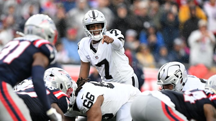 Sep 7, 2025; Foxborough, Massachusetts, USA;  Las Vegas Raiders quarterback Geno Smith (7) during the second half at Gillette Stadium. Mandatory Credit: Brian Fluharty-Imagn Images