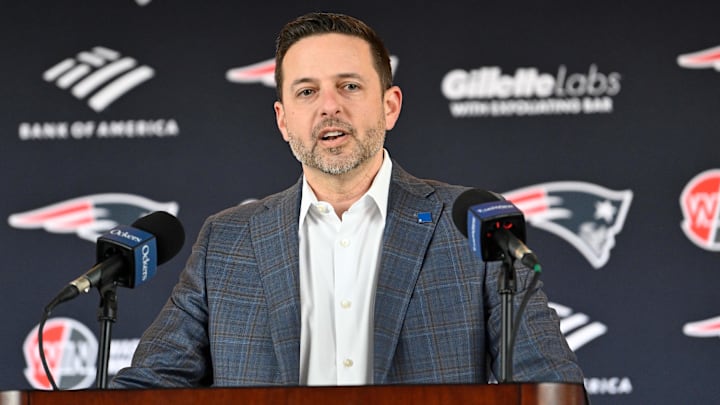 Mar 13, 2025; Foxborough, MA, USA; New England Patriots executive vice president of player personnel Eliot Wolf discusses the teamís recent free agent additions with the media at Gillette Stadium. Mandatory Credit: Eric Canha-Imagn Images Mar 13, 2025; Foxborough, MA, USA; New England Patriots executive vice president of player personnel Eliot Wolf discusses the teamís recent free agent additions with the media at Gillette Stadium. Mandatory Credit: Eric Canha-Imagn Images