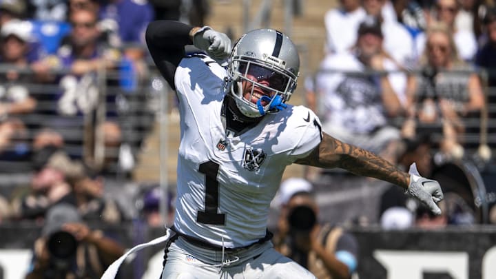 Sep 15, 2024; Baltimore, Maryland, USA; Las Vegas Raiders safety Marcus Epps (1) reacts after masking tackle behind the line of scrimmage during the first quarter against the Baltimore Ravens at M&T Bank Stadium. Mandatory Credit: Tommy Gilligan-Imagn Images Sep 15, 2024; Baltimore, Maryland, USA; Las Vegas Raiders safety Marcus Epps (1) reacts after masking tackle behind the line of scrimmage during the first quarter against the Baltimore Ravens at M&T Bank Stadium. Mandatory Credit: Tommy Gilligan-Imagn Images