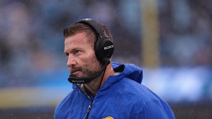 Nov 30, 2025; Charlotte, North Carolina, USA; Los Angeles Rams head coach Sean McVay looks on during the third quarter against the Carolina Panthers at Bank of America Stadium. Mandatory Credit: Scott Kinser-Imagn Images