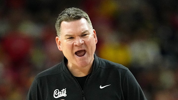 Apr 4, 2026; Indianapolis, IN, USA; Arizona Wildcats head coach Tommy Lloyd reacts during the second half in a semifinal of the Final Four of the men's 2026 NCAA Tournament at Lucas Oil Stadium. Mandatory Credit: Bob Donnan-Imagn Images