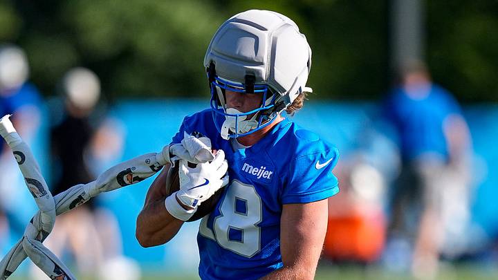 Detroit Lions wide receiver Isaac Teslaa (18) practices during training camp Detroit Lions wide receiver Isaac Teslaa (18) practices during training camp