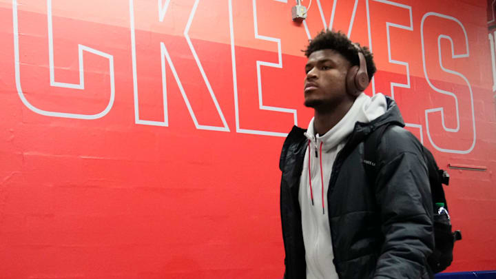 Ohio State Buckeyes defensive back Caleb Downs (2) arrives prior to the Big Ten Conference championship game against the Indiana Hoosiers at Lucas Oil Stadium in Indianapolis on Dec. 6, 2025.