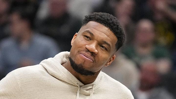 Milwaukee Bucks forward Giannis Antetokounmpo reacts following a play during the second quarter against the Brooklyn Nets at Fiserv Forum on April 10, 2026.