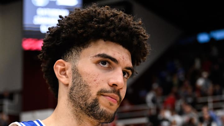 Jan 17, 2026; Stanford, California, USA; Duke Blue Devils forward Cameron Boozer (12) looks on after the game against the Stanford Cardinal at Maples Pavilion. Mandatory Credit: Eakin Howard-Imagn Images