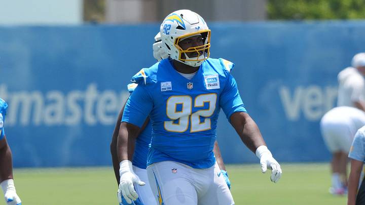 Jun 16, 2026, El Segundo, California; Los Angeles Chargers defensive linemen Justin Eboigbe during minicamp at The Bolt. Mandatory Credit: Kirby Lee-Imagn Images Jun 16, 2026, El Segundo, California; Los Angeles Chargers defensive linemen Justin Eboigbe during minicamp at The Bolt. Mandatory Credit: Kirby Lee-Imagn Images