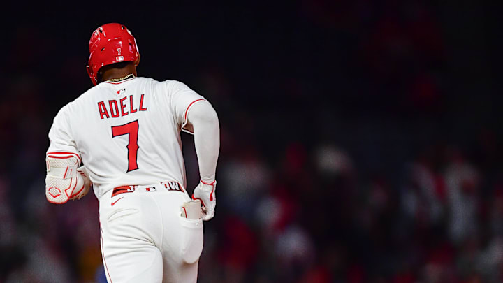 Angels outfielder Jo Adell (7) runs the bases after hitting a solo home run against the Athletics during the eighth inning at Angel Stadium on Sept. 6. Angels outfielder Jo Adell (7) runs the bases after hitting a solo home run against the Athletics during the eighth inning at Angel Stadium on Sept. 6.
