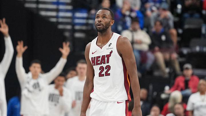 Miami Heat forward Andrew Wiggins (22) reacts (Mandatory Credit: Kirby Lee-Imagn Images)