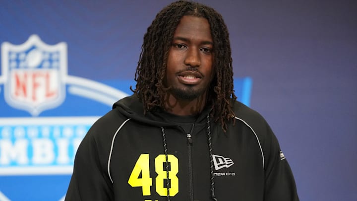 UCF defensive lineman Malachi Lawrence speaks during the NFL Scouting Combine at the Indiana Convention Center.
