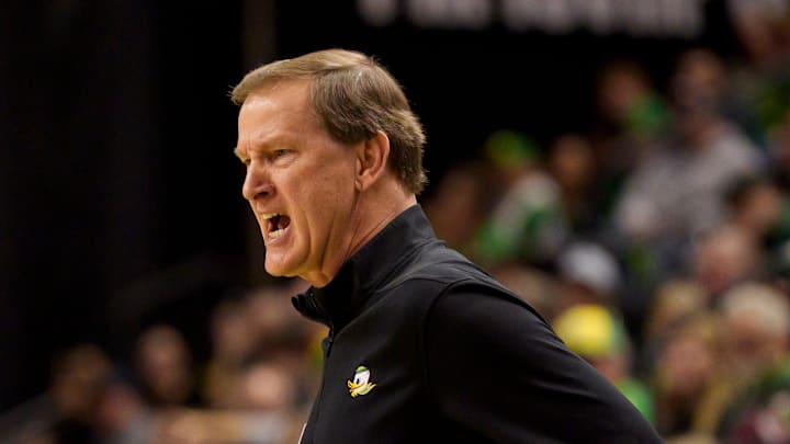 Oregon head coach Dana Altman looks on as the Oregon Ducks host the Washington Huskies on March 7, 2026, at Matthew Knight Arena in Eugene, Oregon.